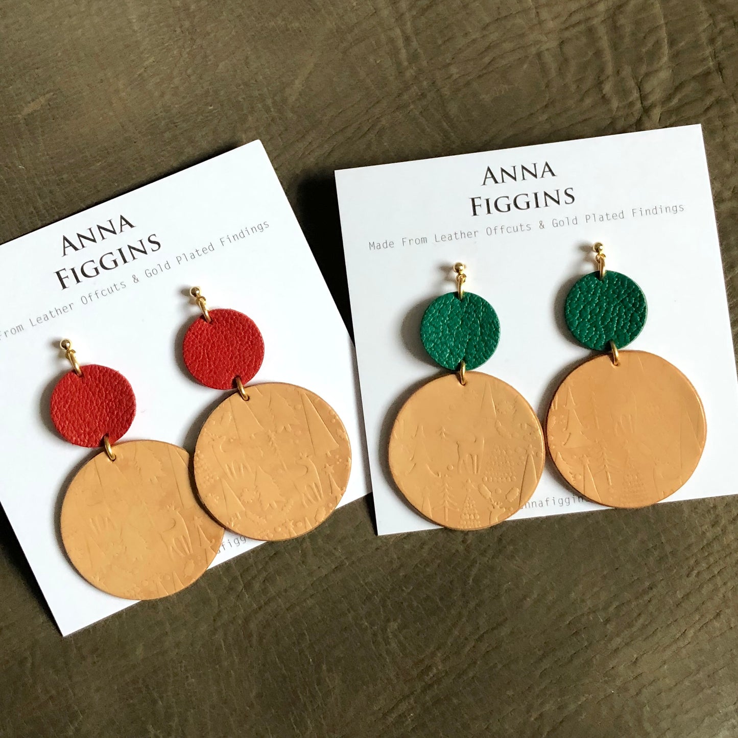 Large leather Christmas drop earrings