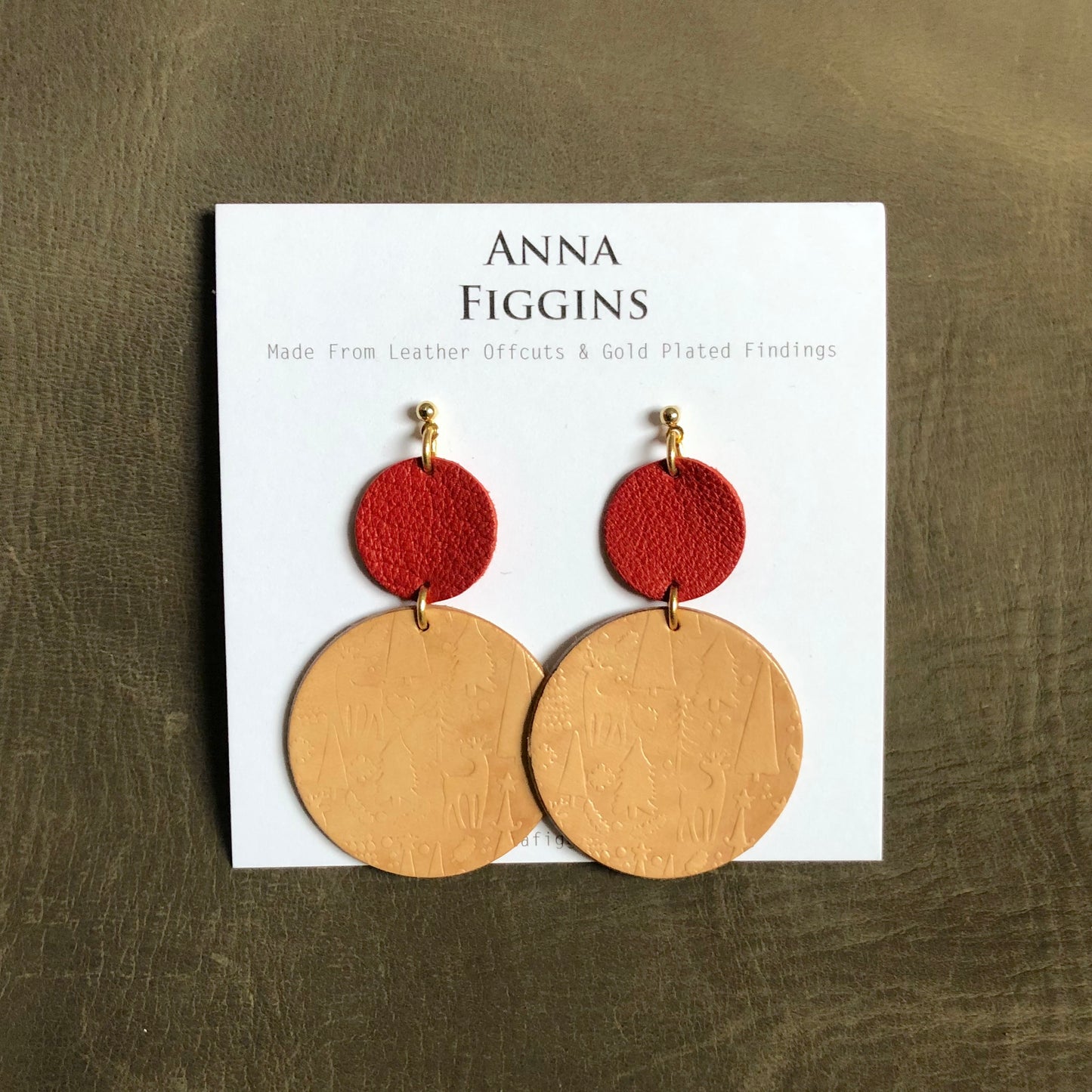 Large leather Christmas drop earrings