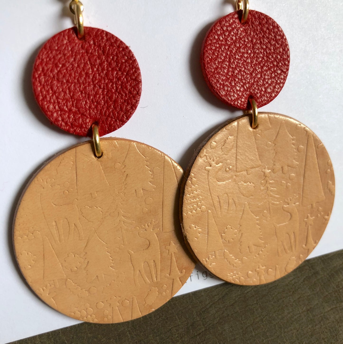 Large leather Christmas drop earrings