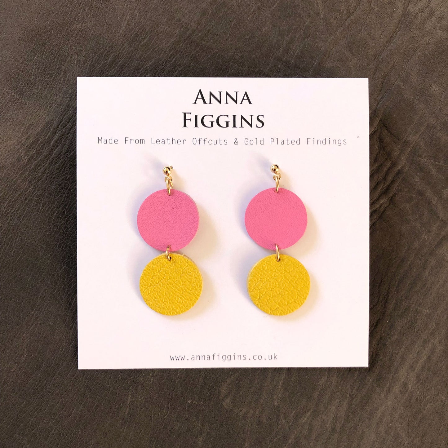 Leather circle drop earrings - pink and yellow